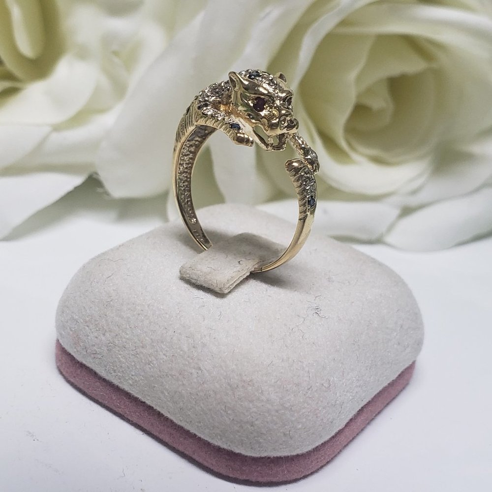 14K SOLID GOLD SAPPHIRE AND RUBY EYES PANTHER RING - Picture 6 of 11